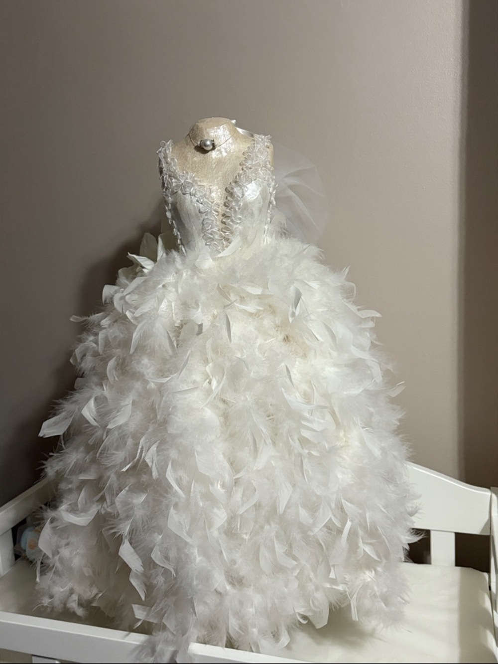 White Feathered Ball Gown Dress